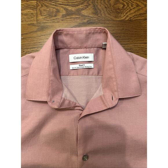 Calvin Klein Men’s Dress Shirt Pink 15.5 34/35 M Steel Plus Slimfit Wrinkle Free - Picture 4 of 12
